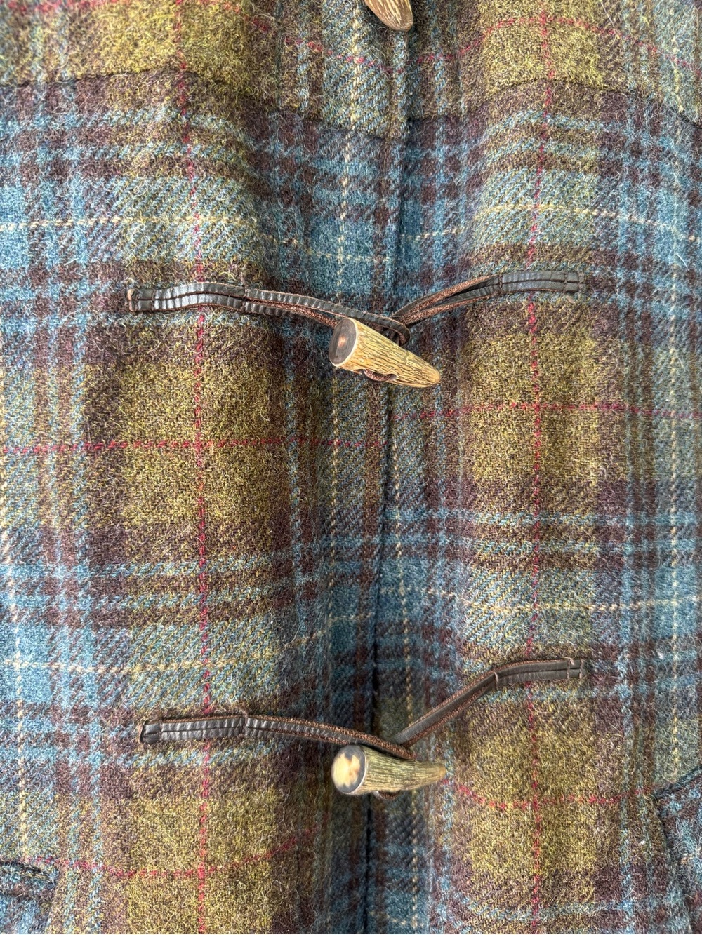 DKNY Plaid Wool Toggle Coat Leather Straps M - Picture 2 of 11